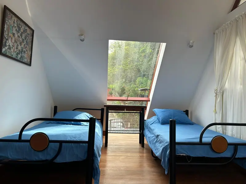 Habitación con camas sencillas y vista al bosque